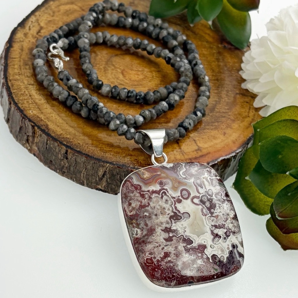 Sterling Silver 925 Chunky Crazy Lace Agate Pendant Tourmaline Moonstone - Picture 3 of 7